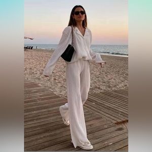 Trendy Pleated Matching Sets - Long Sleeve Button Down